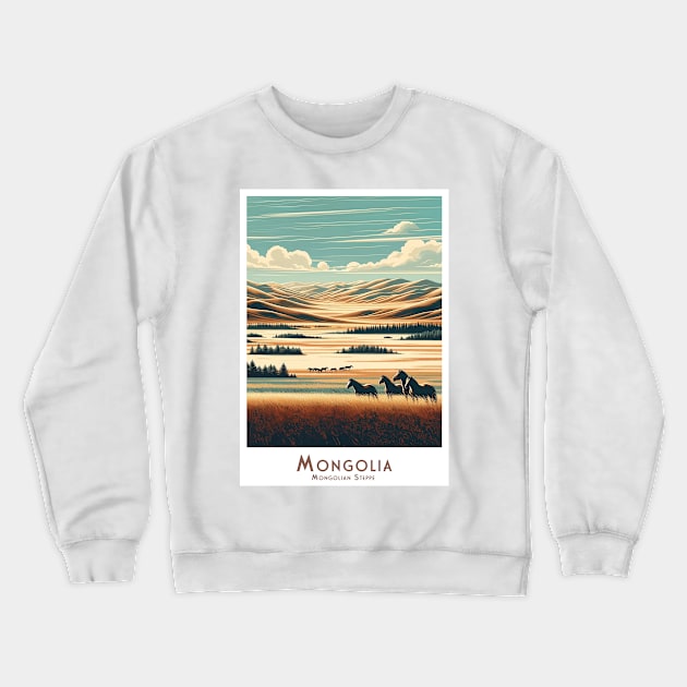 Vintage Travel Poster - Minimalist Retro Mongolian Steppe Crewneck Sweatshirt by POD24